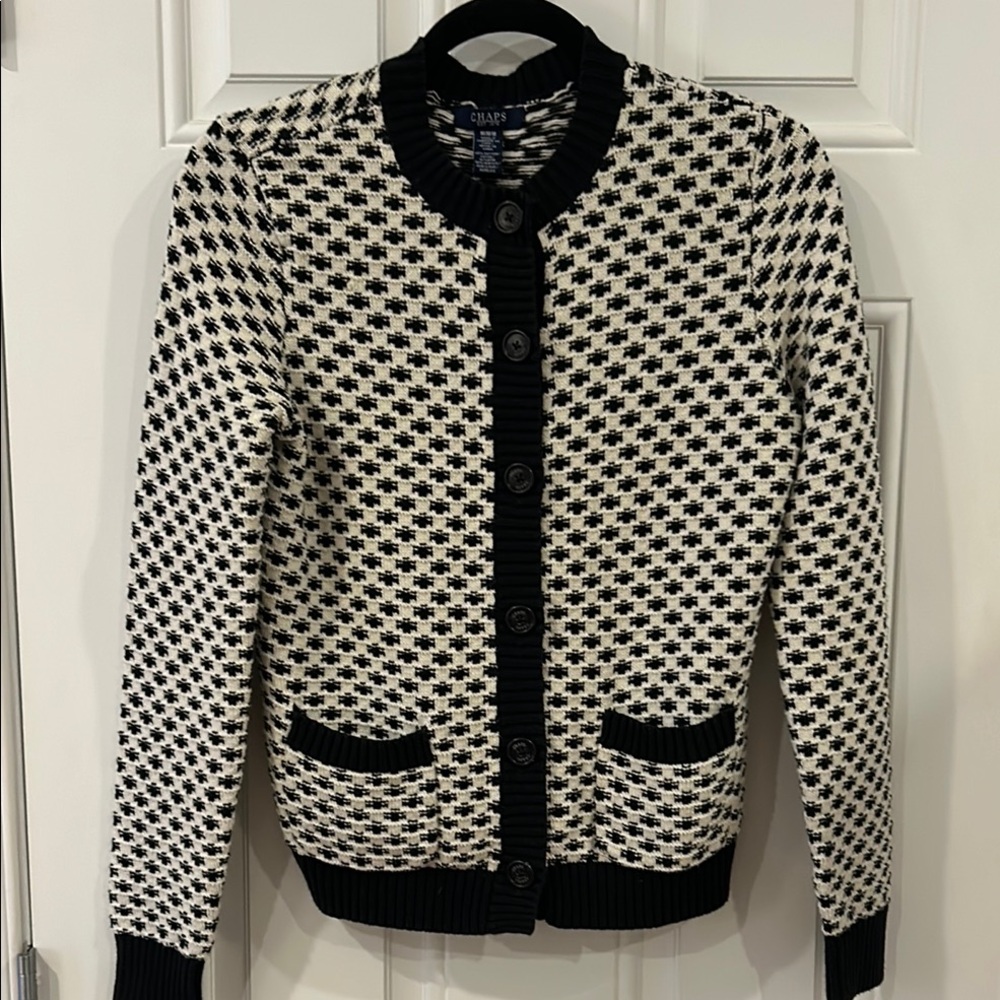 Chaps Black and White Houndstooth Cardigan- Medium